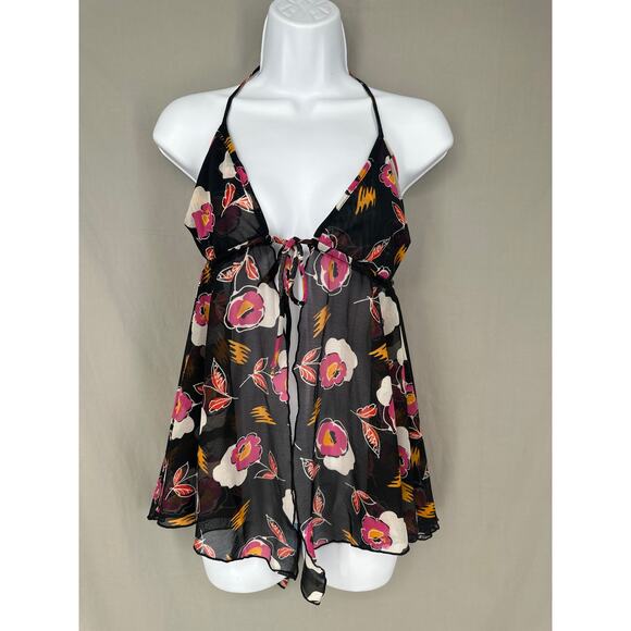 Her Pony Label Top Women XS Black Floral Pixie Halter Mesh Festival Tie Front - Picture 1 of 8